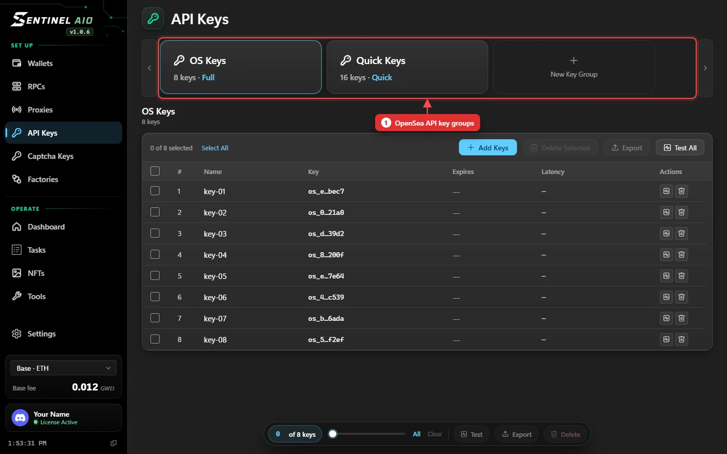 The API Keys page