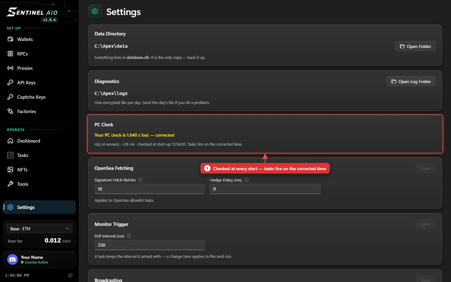 The Settings page
